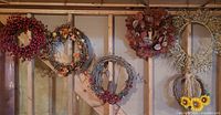 All five wreaths hanging side-by-side on wall studs