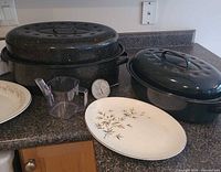 Lot overview showing both roasters with lids, platters, fat separator and thermometer