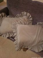 Two light green ruffle trim pillows on couch