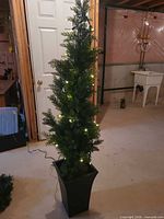 Full view of pre-lit topiary tree in planter showing height and lights