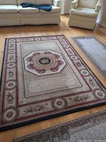 Large medallion area rug on hardwood floor