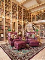 Pair of burgundy leather armchairs and ottomans in staged library setting