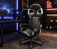 Chair in staged gaming setup showing overall design, materials, base, armrests