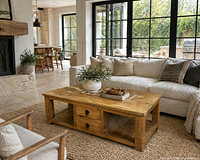 Staged view of the wooden coffee table in living room setting