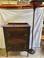 Front view of dresser and lamp with dimensions marked