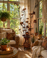 Lamp staged in sunroom showing illuminated floral mesh shades and overall form