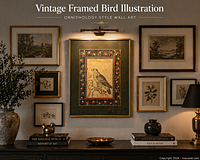 Styled wall view showing framed bird illustration centered among other artwork