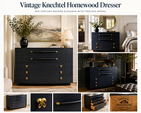 Styled marketing image of Knechtel Homewood dresser showing overall form, brass hardware, and maker’s logo