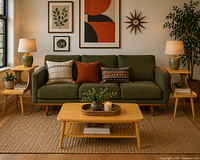 Styled living room showing similar step side tables beside sofa