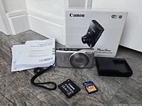 Full lot overview showing camera, battery, charger, SD card, strap, paperwork and box