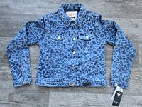 Front view of leopard-print denim jacket laid flat