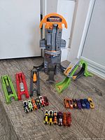 Overall set including tower, loop, three launch tracks and micro cars