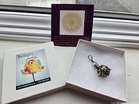 Pendant in open gift box with info card visible