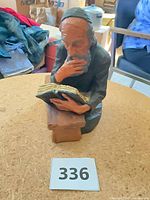 Front view of David Kaplan rabbi sculpture, lot tag visible