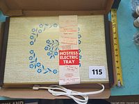 Top view of Warm-O-Tray in box showing blue Cornflower design and cord