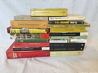 Stack of 19 books showing spines and formats