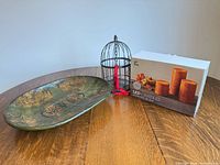 All items grouped: bowl, birdcage, boxed LED candles