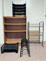 Group shot of all four items: bookcase, rolling cart, letter trays, file sorter