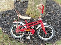 Left side view of red and white Precision children’s bicycle under tree
