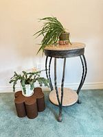 Full view of marble top metal accent table with plants and brown plant stand