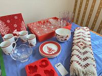 overall lot with mugs, plates, bowls, glassware, mold, throw