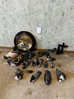Group shot of all wood duck decoys, wall plate, totem