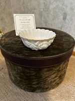 Lenox Tea Rose bowl on storage box with certificate visible