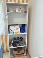 Full view of bookcase loaded with miscellaneous items