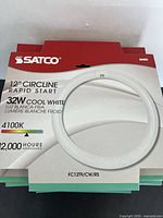 Front view of Satco Circline Rapid Start lamp packaging showing model, wattage, diameter, color temperature, lifespan