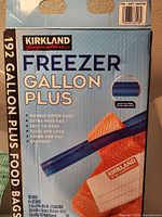 Front of Kirkland Signature Freezer Gallon Plus master carton showing product details