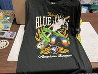 Full view of front of t-shirt showing graphic, color and sleeve logo