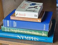 Stack of five books showing spines and cover edges