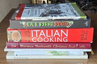 Stack of six books including cookbooks, Norman Rockwell and JFK title