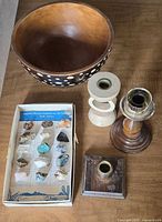Overall lot showing bowl, mineral set and candleholders
