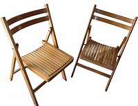 Two wooden folding chairs standing open, showing overall design