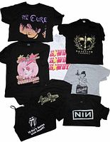 All eight garments laid out showing front graphics