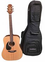 Front view of Takamine G340 LH guitar beside Roadrunner gig bag
