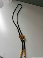 Full view of bolo tie laid flat showing slide, cord and tips
