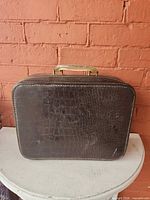 Front view of closed brown faux crocodile suitcase with handle
