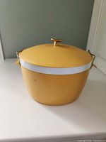 Front view of mustard yellow insulated serving dish with lid and white band