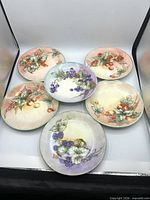 All six plates arranged front view showing fruit motifs and color variations
