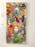 Full view of vertical hand-painted canvas with vivid symbolic imagery