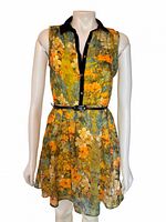 Front view of floral sleeveless dress on mannequin