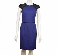Front view of JS Boutique royal blue sheath dress showing overall style and length