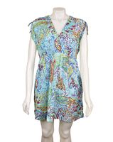 Front view of blue tropical floral cover-up dress on mannequin