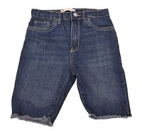 Front view of dark indigo denim high rise bike shorts with frayed hem