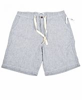 Front view of striped linen blend shorts showing drawstring, fly and front pockets