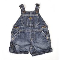 Full front view of blue denim OshKosh shortalls