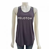 Full front view of charcoal Peloton x Lululemon tank on mannequin showing overall design and Peloton logo