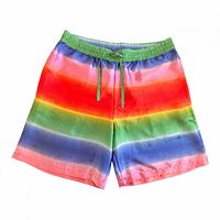 Front view showing full rainbow striped shorts